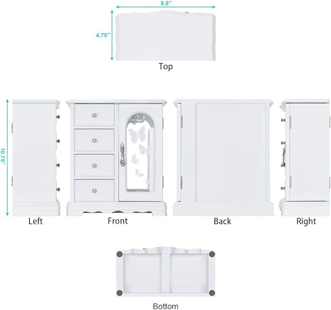 RR ROUND RICH DESIGN Jewelry Box - Made of Solid Wood with 4 Drawers Organizer and Built-in Necklace Carousel and Large Mirror White
