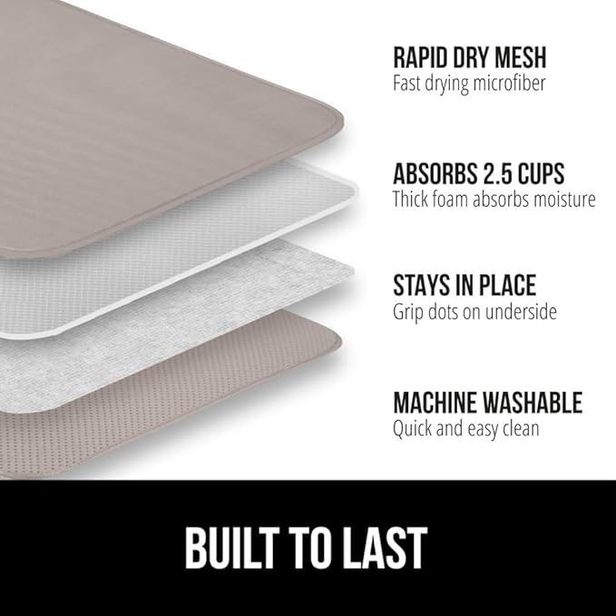GORILLA GRIP Ultra Water Absorbent Microfiber Dish Drying Mat, 18x32, Quick Dry Thick Mesh, Slip Resistant Pad for Sink Dishes or Under Rack, Kitchen Counter Accessories, Machine Wash Mats, Almond
