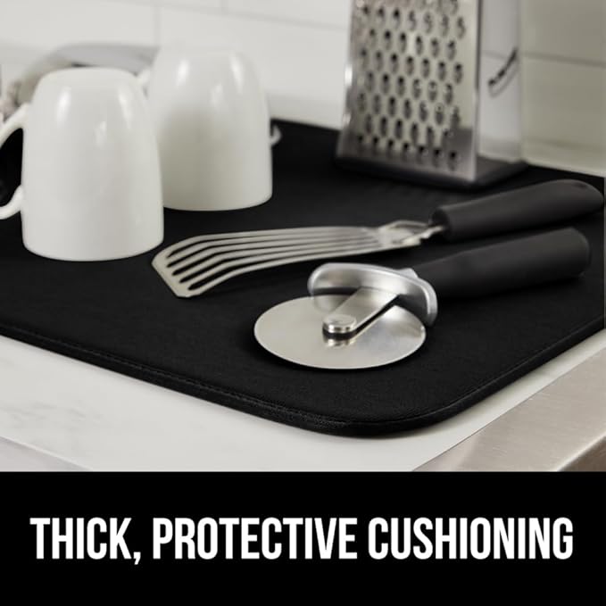 GORILLA GRIP Ultra Water Absorbent Microfiber Dish Drying Mat, 18x24, Quick Dry Thick Mesh, Slip Resistant Pad for Sink Dishes or Under Rack, Kitchen Counter Accessories, Machine Wash, 2 Pack Black