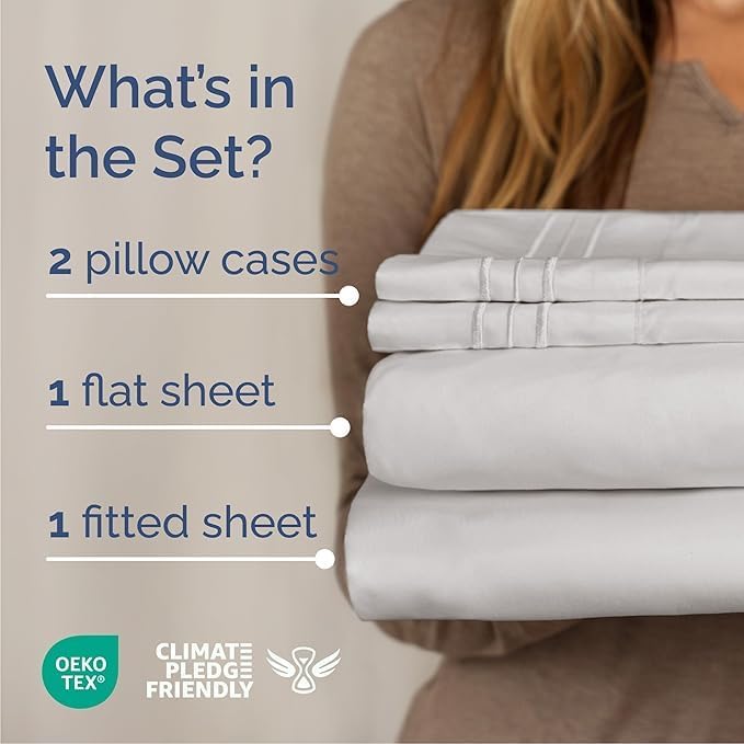 Twin XL 4 Piece Sheet Set - Comfy Breathable & Cooling - Soft Hotel Luxury Bedding Set with 8-16 Inch Deep Pockets - 1 Flat & 1 Fitted Sheet & 2 Pillowcases - Wrinkle Free & Easy Care - French Grey