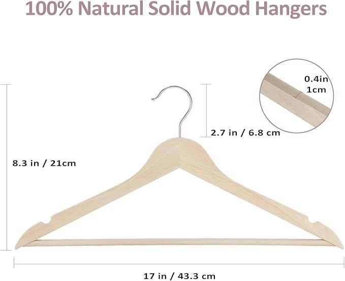 Solid Wood Hangers - 30 Pack with 360 Swivel Chrome Hook, Smooth Finish & Precisely Cut Notches, Slim Wooden Coat Hangers for Closet, Natural