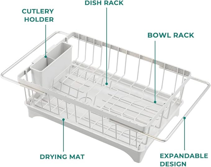 HANLE Small Dish Drying Rack in Sink, Expandable Stainless Steel Dish Drainers for Kitchen Counter, with Drain Board & Utensil Holder(White)