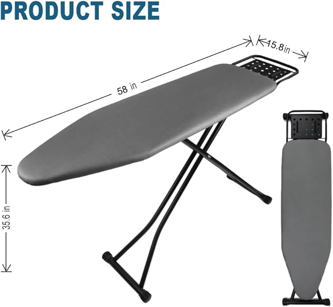 Ironing Board Full Size, Heat Resistant Cover Iron Board with Steam Rest, Ultra Thick Padding, Height Adjustable Heavy Sturdy Metal Frame Legs Ironing Stand,Non-Slip Foldable (58"x15", Square Rest)