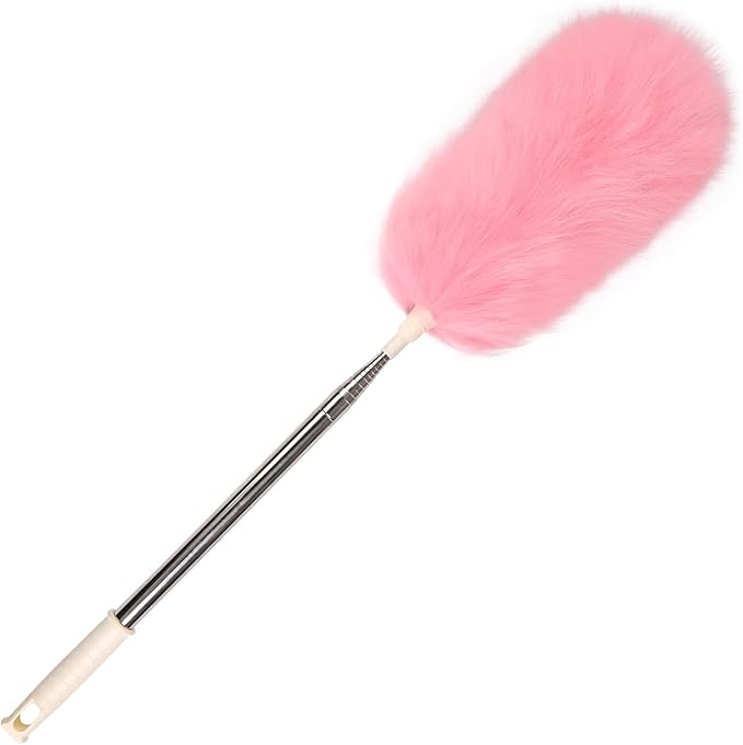 iHUFeather Extendable Lambswool Duster Stainless Steel Handle 133" Removable Feather Duster for Cleaning Ceiling Fans Interior Roof Furniture, Pink
