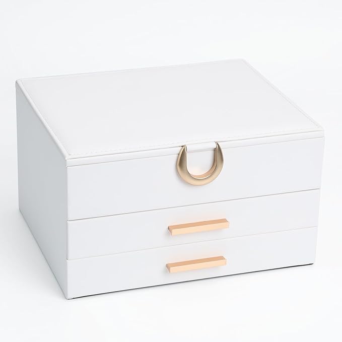 Elegant Jewelry Storage Box with Mirror 3-Tier Design with Smooth-Gliding Drawers Jewelry Organizer Perfect Christmas Birthday Gift for Wife Mom Women White