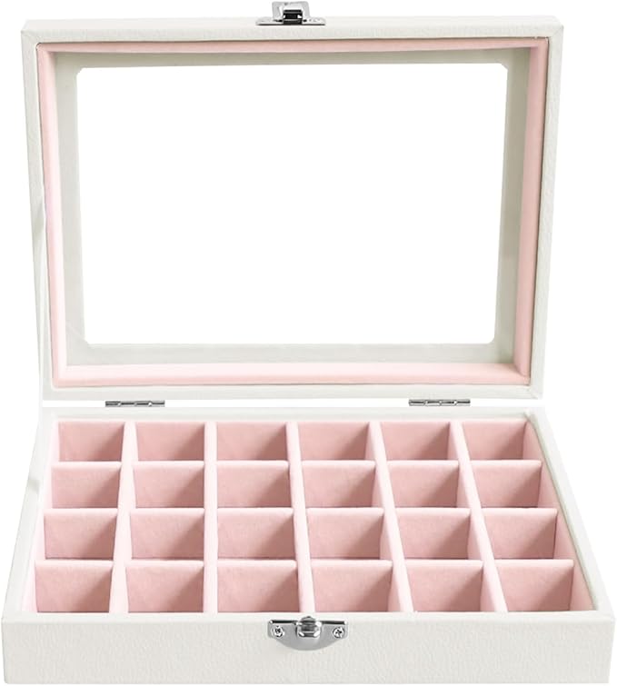 Wudygirl Small Jewelry Organizer 24 Grid Jewelry Box with Clear Lid Velvet Ring Holder Earring Organizer Jewelry Tray for Drawer Jewelry Display Case for Women Gift (Pink)
