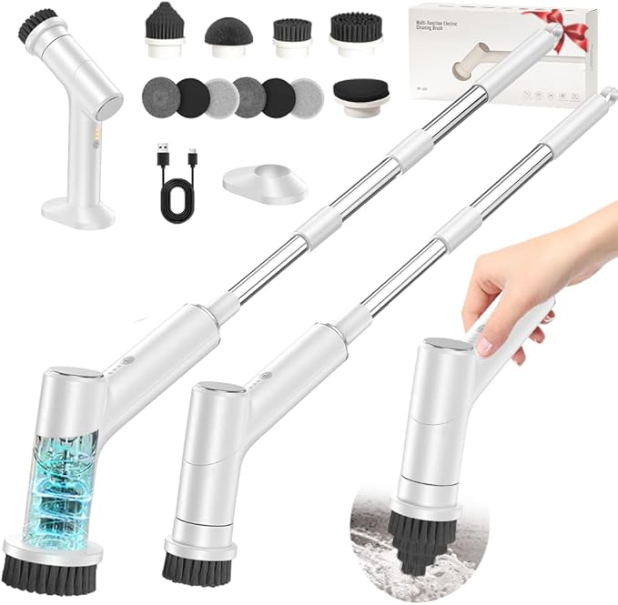 Electric Spin Scrubber, 2600mAh Battery with Extra-Long Runtime, 10 Brush Heads, IPX7 Waterproof Power Shower Scrubber with Long Handle, 2 Speeds Cordless Cleaning Brush for Bathroom Bathtub