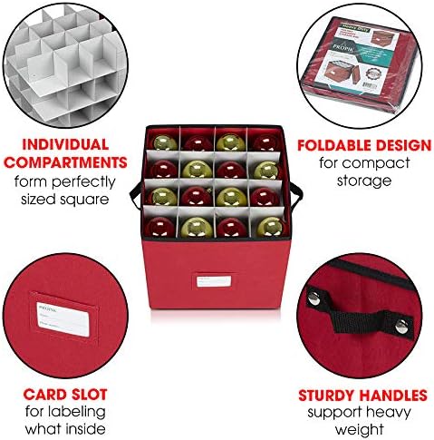 ProPik 64 Christmas Ornament Storage Box, 4 Tier Holds Up to 64 Ornaments Accessories Balls, Holiday Decorations Storage Container with Dividers, Durable 600D Oxford (Red)