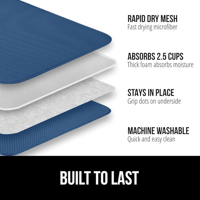 GORILLA GRIP Ultra Water Absorbent Microfiber Dish Drying Mat, Quick Dry Thick Mesh, Slip Resistant Pad for Sink Dishes or Under Rack, Kitchen Counter Accessories, Machine Wash, 18x16 Inch, Blue