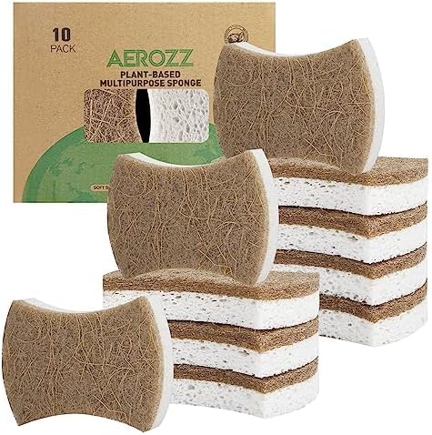 AEROZZ 10 Pack Biodegradable Natural Sponges Kitchen - Compostable Cellulose and Coconut Walnut Scrubber Sponge - Non Scratch Eco Friendly Quick Drying Sponges for Dishes