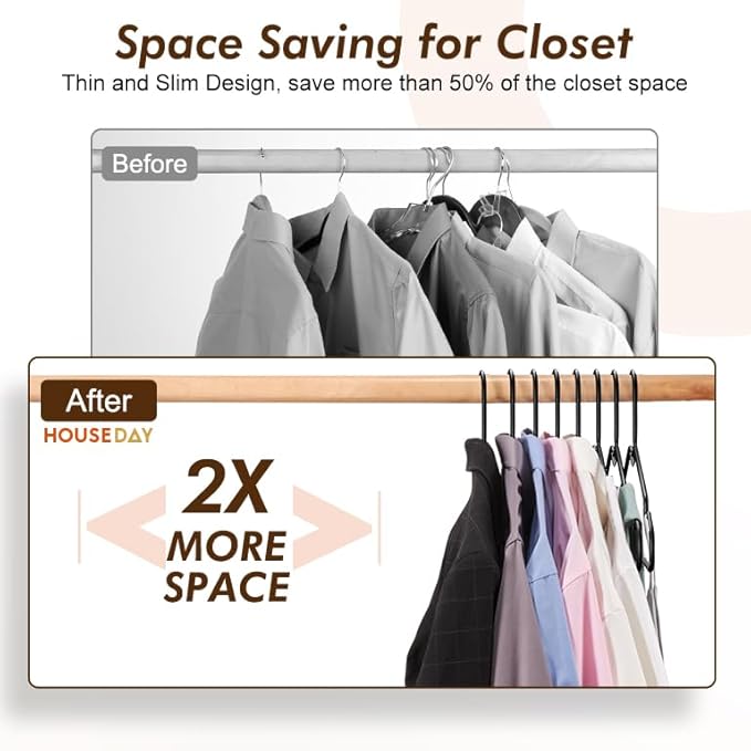 HOUSE DAY Black Plastic Hangers 60 Pack, Lightweight Clothes Hangers with Non-Slip Shoulder Grooves - Space-Saving, Durable & Reinforced Edges Coat Hanger for Closet Organization (Made in USA)