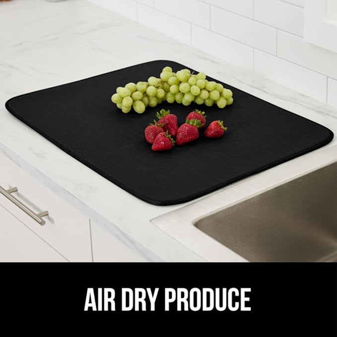 GORILLA GRIP Ultra Water Absorbent Microfiber Dish Drying Mat 2 Pack, Quick Dry Thick Mesh, Slip Resistant Pad for Sink Dishes or Under Rack, Kitchen Counter Accessories, Machine Wash, 18x16, Black