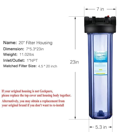 Geekpure 20 Inch Clear Whole House Water Filter Housing - 1" NPT Plastic Port-Fit 4.5 x 20 Inch Filters