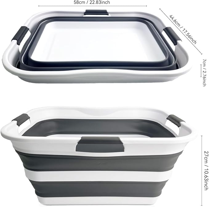 SAMMART Collapsible Plastic Laundry Basket Washing Tub Foldable Pop Up Storage Container-Space Saving/Portable Laundry Hamper. Ideal for Home, Travel, Dorm, and Camping (White/Steel Grey, 42L)