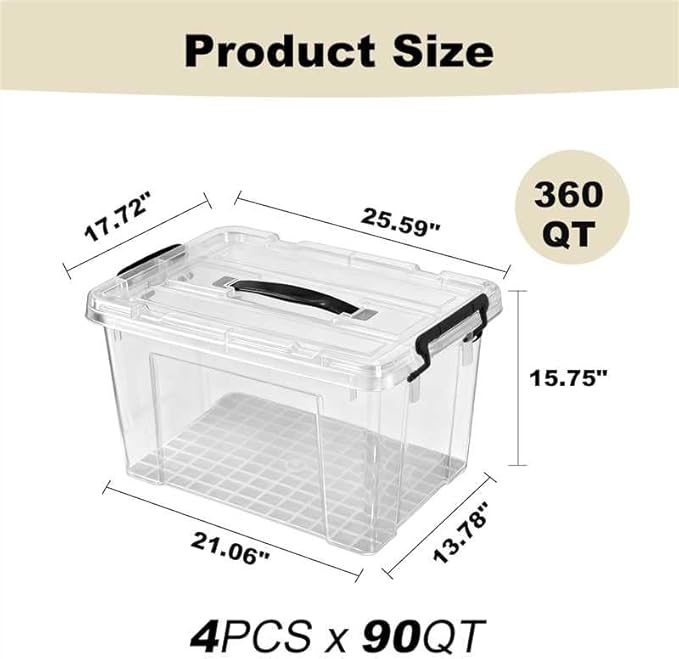 360 QT Clear Large Storage Bins with Lids, 4 Pack 90 QT-Stackable Plastic Organizer for Home, Office, Garage, BPA-Free, Heavy-Duty, See-Through Containers with Secure Latches & Handles