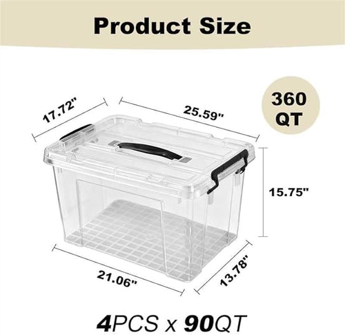 360 QT Clear Large Storage Bins with Lids, 4 Pack 90 QT-Stackable Plastic Organizer for Home, Office, Garage, BPA-Free, Heavy-Duty, See-Through Containers with Secure Latches & Handles