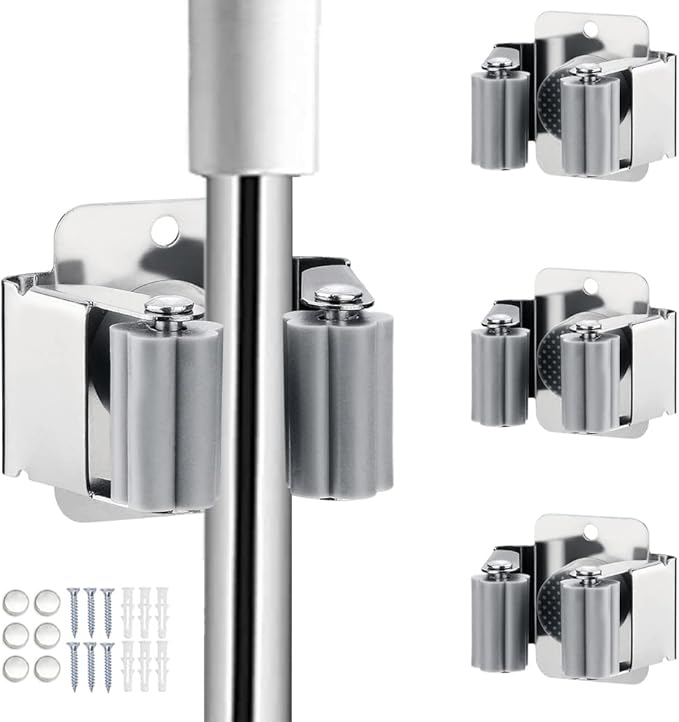 3PCS Broom and Mop Holder, Heavy Duty Garden Tool Organizer Rack Rake and Shovel Handle, Stainless Steel Mop Hanger. Wall Mounted Utility Rack with Screws, Silver.