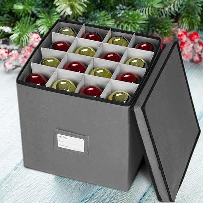 ProPik Christmas Ornament Storage Box, 4 Tier Holds Up to 64 Holiday Ornaments Decoration Balls, Storage Container with Dividers, Made with Durable 600D Oxford Polyester Material (Gray)
