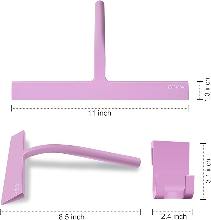 Shower Squeegee with Silicone Hook, 11" Inch Width All Purpose Squeegee Wiper for Shower Glass Doors Bathroom Mirror Tiles Car Window Cleaner Tool - Pink