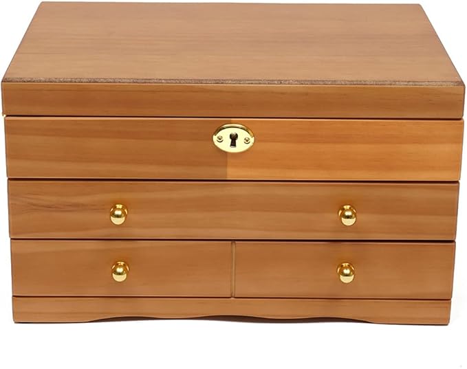 3-Layer Jewelry Organizer with 2 Drawers Wooden Jewelry Box Organizer Display Storage Case with Mirror and Lock for Women Necklace Ring Storage