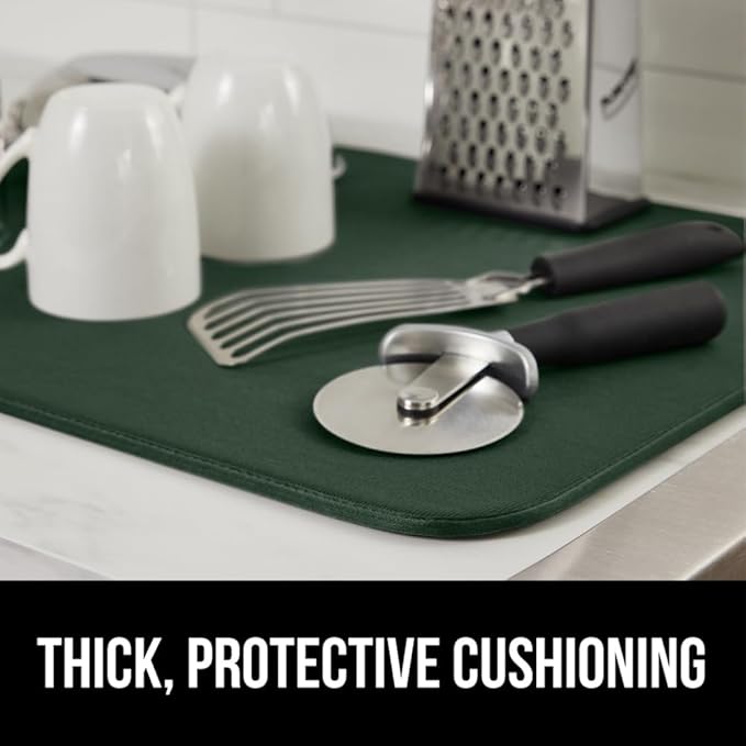 GORILLA GRIP Ultra Water Absorbent Microfiber Dish Drying Mat, 18x24, Quick Dry Thick Mesh, Slip Resistant Pad for Sink Dishes or Under Rack, Kitchen Counter Accessories, Machine Wash, Hunter Green
