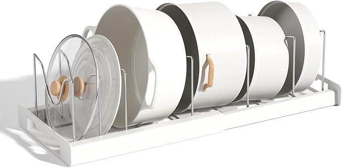 Beruyu Expandable Pot and Pan Organizer Rack for Cabinet, Pot Lid Organizer Holder with 7 Stainless Steel Adjustable Dividers for Kitchen Cabinet Organizer and Storage (White)