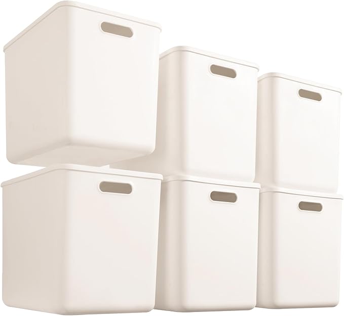 5 pack large plastic White storage bins with Lids, Toy Box Chest with Handle，Organizer Containers Baskets for Baby,Nursery，Shelves，Playroom, Bedroom，Office,Closet，home (White, 6XL)