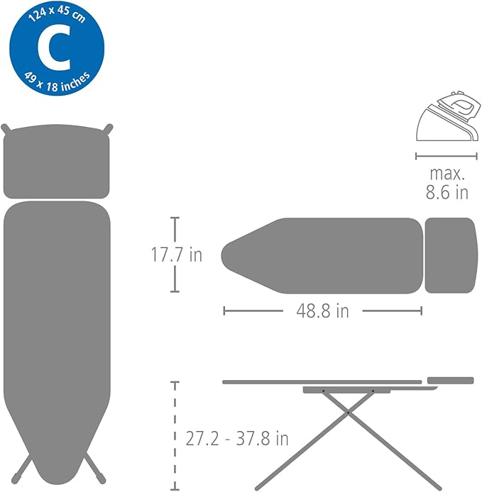 Brabantia Ironing Board C, XL Steam Unit Holder, Adjustable Height, Non-Slip Rubber Feet, Foldable, Denim Black, Size C (49 x 18 inches), Metal Frame, Free Standing, 63 inches