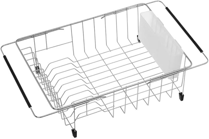 SANNO Large Expandable Dish Drying Rack Sink Dish Rack in Sink or On Counter, Dish Drainer Rustproof Stainless Steel with White Utensil Silverware Storage Holders