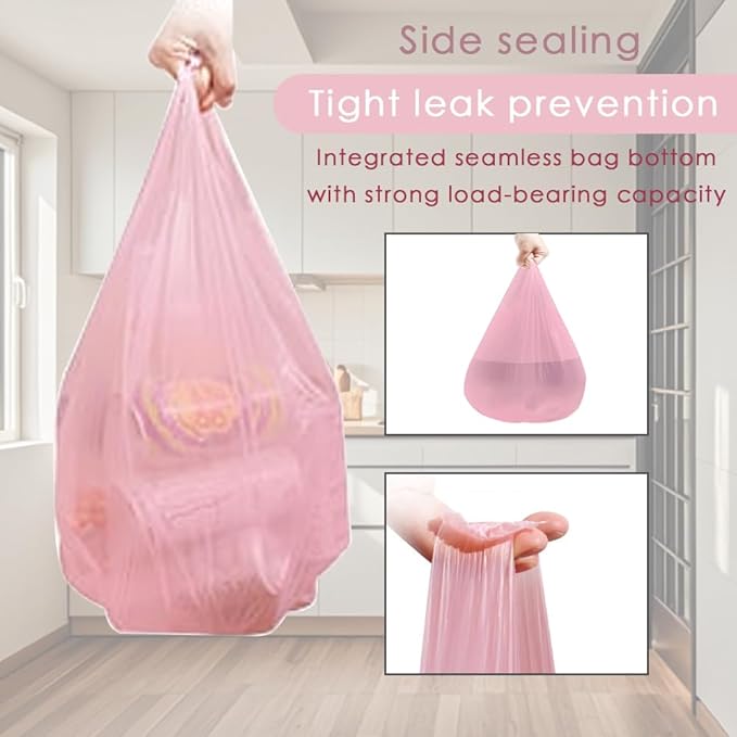 2-4 Gallon Portable Trash Bags, Thicken Vest type Small Garbage Bags for Office, Kitchen, Bedroom and more, 60 Counts Pink