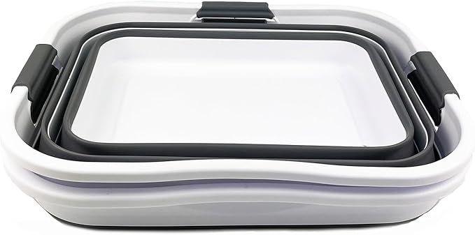 SAMMART 30L (8 gallons) Collapsible Plastic Laundry Washing Tub/Basket - Portable Laundry Hamper/Storage Container Foldable Laundry Basket - Space Saving (White/Steel Grey (Set of 2))