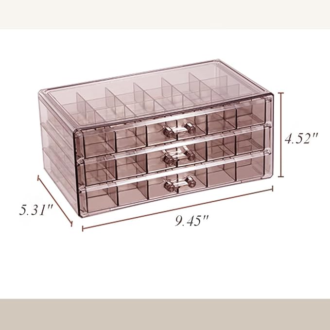 Earring Storage Box Organizer 3 Drawers Acrylic Jewelry Storage Box Holder Transparent Jewelry Display Stand with 72 Small Compartments Gift for Women Girls (Clear Purple Brown)