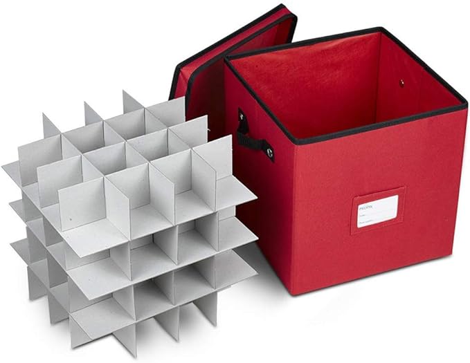 ProPik 64 Christmas Ornament Storage Box, 4 Tier Holds Up to 64 Ornaments Accessories Balls, Holiday Decorations Storage Container with Dividers, Durable 600D Oxford (Red)