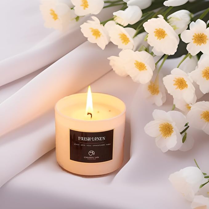 Chloefu LAN Fresh Linen Candles Laundry Candles Non-Toxic Air Freshening Scented Candle Decorative Pet Odor Eliminator for Home Luxury Scented Soy Jar Candle for Bathroom Decor 7.1 oz 2 Pack