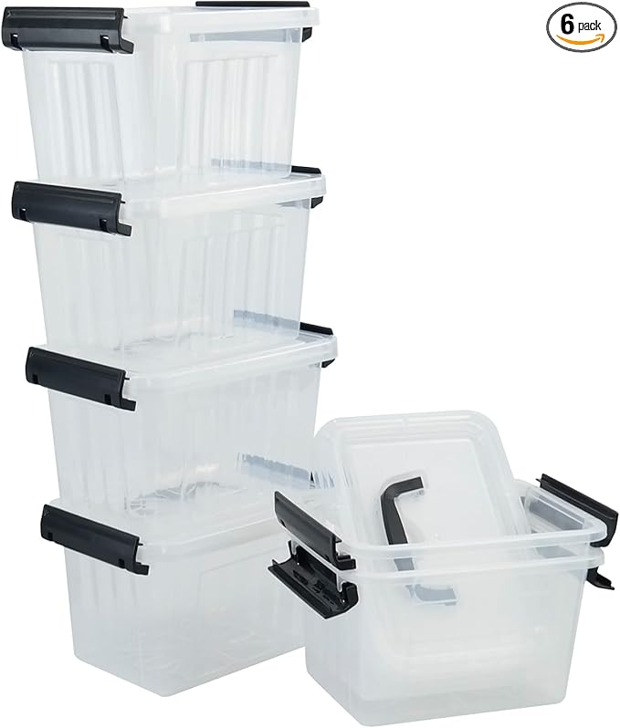 6-Pack 3 L Small Box with Lid, Plastic Clear Storage Bins with Handles