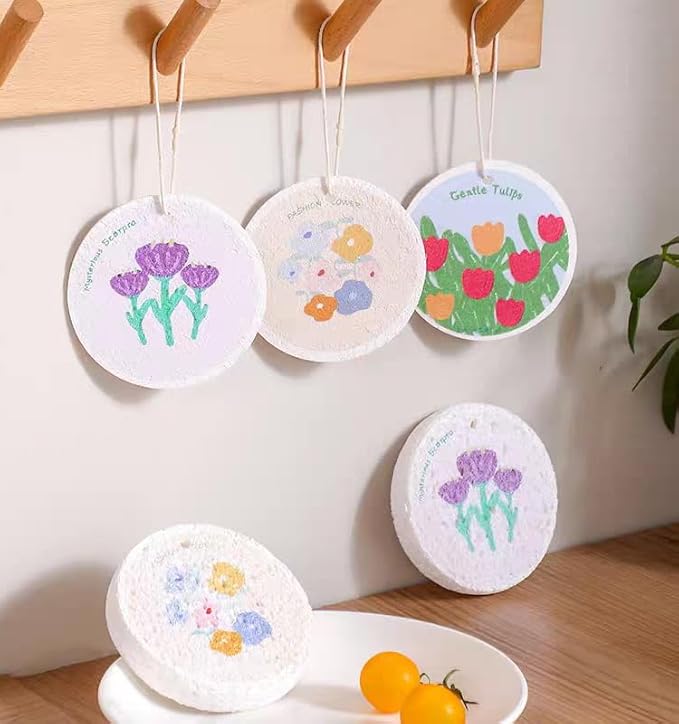 Flower-Shaped Compressed Wood Pulp Sponge Scrubber - Dual-Sided Natural Dish Sponge for Kitchen, Eco-Friendly Quick-Drying Sponges for Dishes (12pcs)