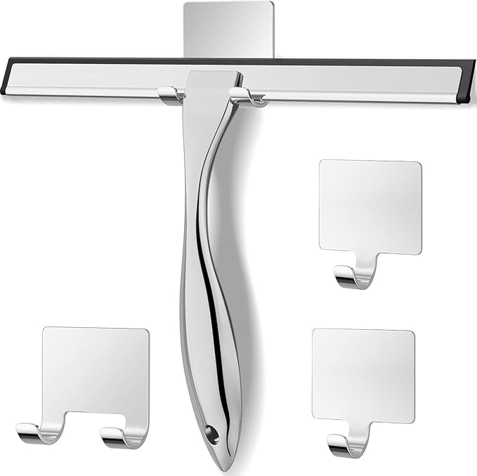 OVSGTTZ Stainless Steel Shower Squeegee for Glass, Includes 3 Adhesive Hooks, Shower Door Squeegee for Bathroom, Household Window, Car Windshield, Mirrors, Tiles Scrubber Clear, 12 inch, Silver