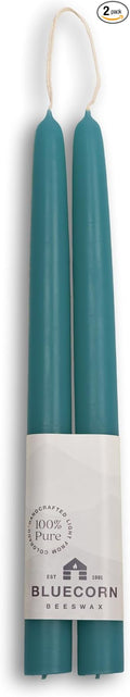 Bluecorn Beeswax Taper Candles, 100% Pure Natural Bees Wax, 10 Inch Pair, Teal Candlesticks, Unscented, Clean Burning & Dripless, Long Lasting, Thanksgiving & Christmas Decor, American Made, 1 Count