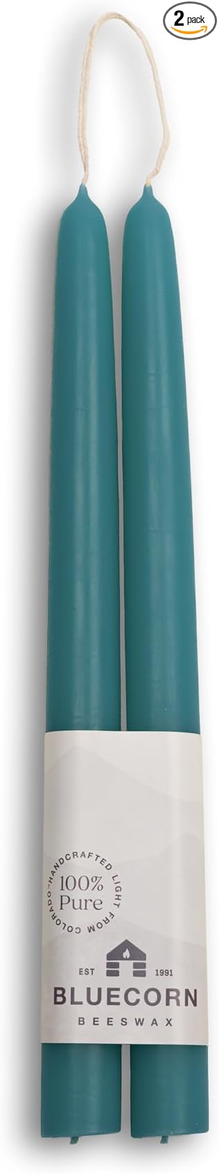 Bluecorn Beeswax Taper Candles, 100% Pure Natural Bees Wax, 10 Inch Pair, Teal Candlesticks, Unscented, Clean Burning & Dripless, Long Lasting, Thanksgiving & Christmas Decor, American Made, 1 Count