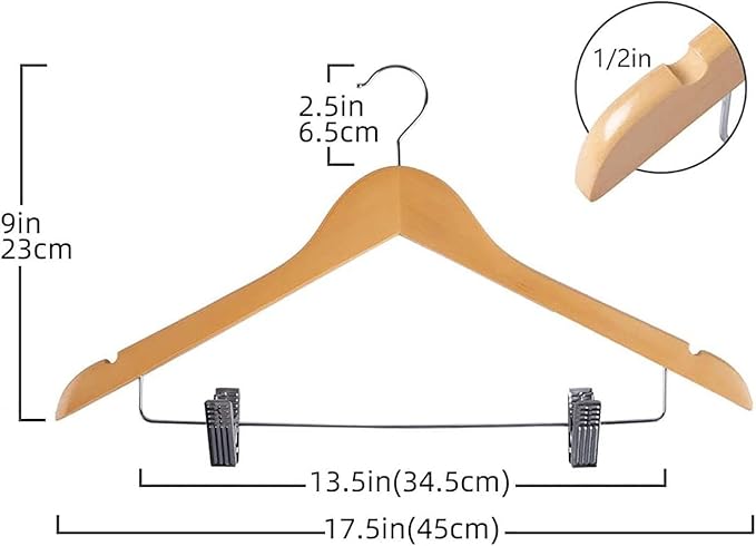 10 Pack Wooden Hangers with Clips High-Grade Wooden Suit Hangers Skirt Hangers with Clips S Wood Hanger with Durable Metal Clips for Blouse, Dress, Coat, Jacket (Natural)