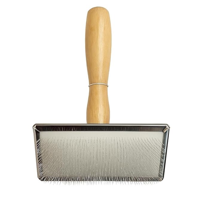 Professional Pet Slicker Brush, Self-Cleaning Grooming Tool with Wooden Handle, Stainless Steel Pins for Dogs and Cats, Dematting and Deshedding