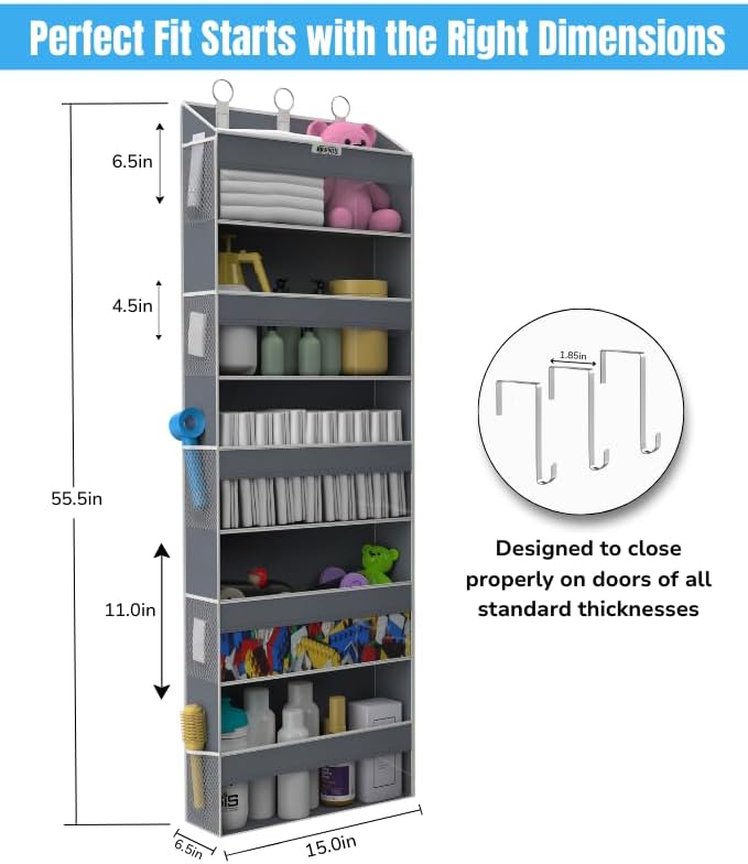 BRENIX Over the Door Organizer with 5 Large Pockets & 10 Mesh Side Pockets – Durable Hanging Storage for Closet, Bathroom, Bedroom, and Nursery– Space Saving Door Storage with Sturdy Metal Hooks.
