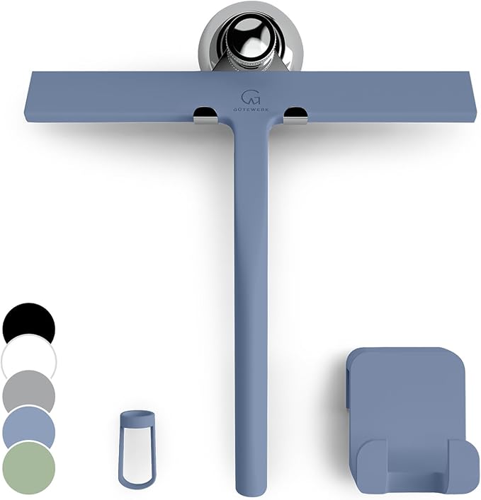 GÜTEWERK Shower Squeegee for Glass Doors, Silicone Window Squeegee, Bathroom and Glass Cleaning - Blue - 9 Inch