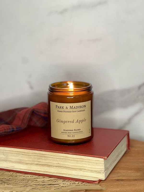 Park & Madison Gingered Apples Soy Candle - Apples Mimosa Scented Candle | Hand-Poured Amber Jar Candle with Black Lid | Fruit Scented Fall Candle | Eco-Friendly, Phthalate-Free, Non-Toxic (8 oz)