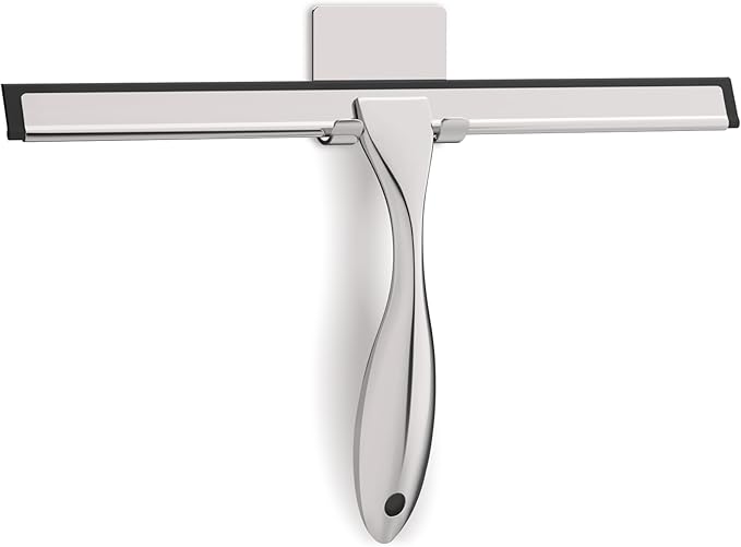 Zeerun All-Purpose Stainless Steel Shower Squeegee for Glass Doors with Adhesive Hooks, Squeegee for Shower Glass, Bathroom Household Cleaner Tool for Window Mirror Tile Wall Car, 12 inch, Silver