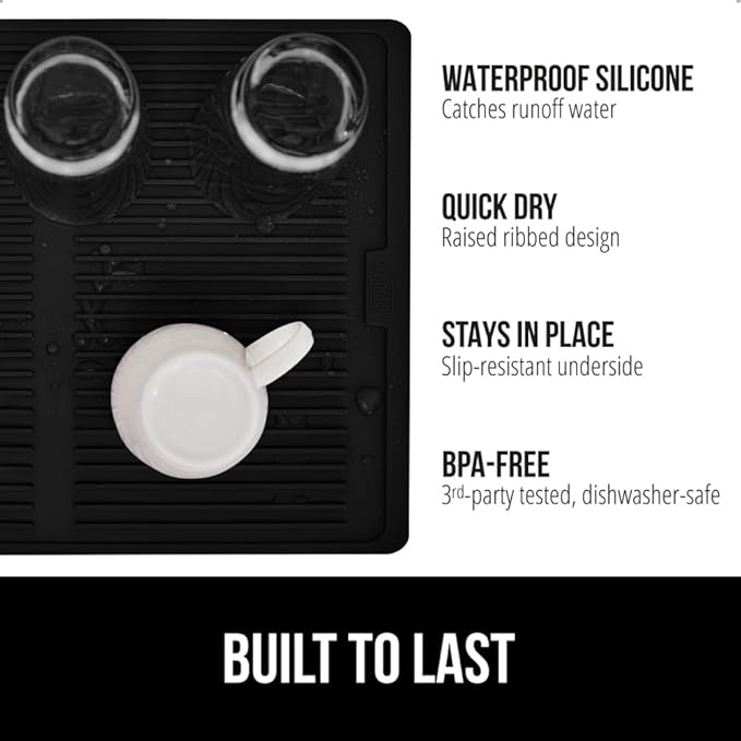 GORILLA GRIP 100% BPA-Free Patented Silicone Dish Drying Mat for Kitchen Counter, Water Catching Ribbed Design, Easy Clean Waterproof Sink Liner, Heat Resistant, Fits Under Rack, 12x16 Inch, Black