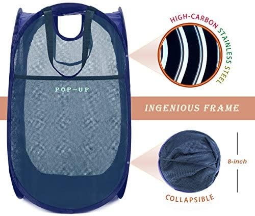 [Reinforced] Strong Mesh Pop-up Laundry Hamper, Quality Collapsible Laundry Basket with Durable Handles Solid Bottom High Carbon Steel Frame, Easy to Open and Fold Flat for Storage(Blue)