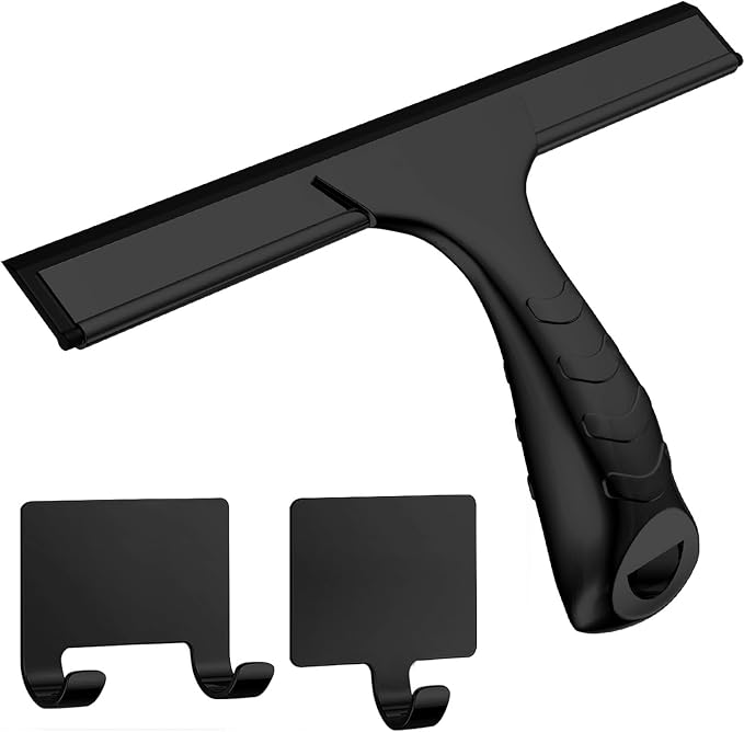 All-Purpose Shower Squeegee for Shower Doors with 2 Adhesive Hooks, Bathroom Cleaner Tool Household Window Mirror Squeegee for Clean, Glass Door, Tile Wall, Car, Stainless Steel, 12 Inch Black