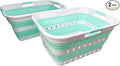 SAMMART 42L (11 gallons) Set of 2 Plastic Foldable Storage Basket/Container - Collapsible, Space Saving and Portable Laundry Hamper, Ideal for Home, Travel, Dorm (2, White/Light Green)