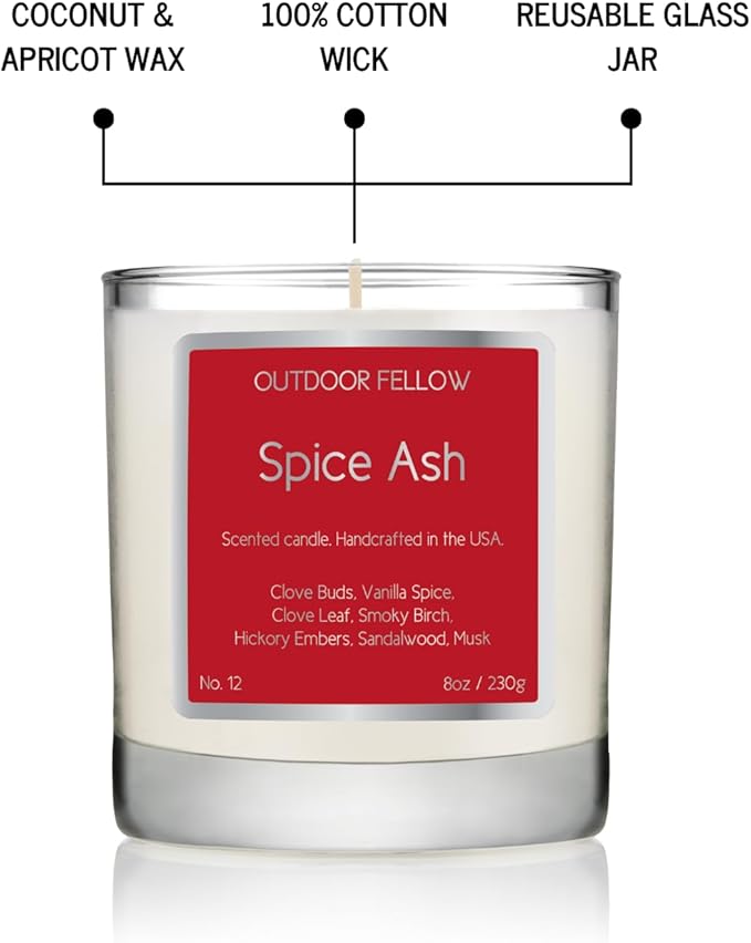 Outdoor Fellow Spice Ash Candle | Luxury Scented Candle with Coconut & Apricot Wax Blend | Clove, Smoky Birch, Sandalwood & Musk | 40+ Hour Burn Time | Perfect for Home or Gifting (8oz)